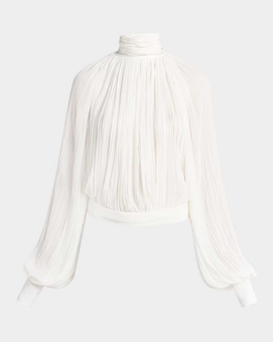 Turtleneck Long-Sleeve Draped Creponne Top